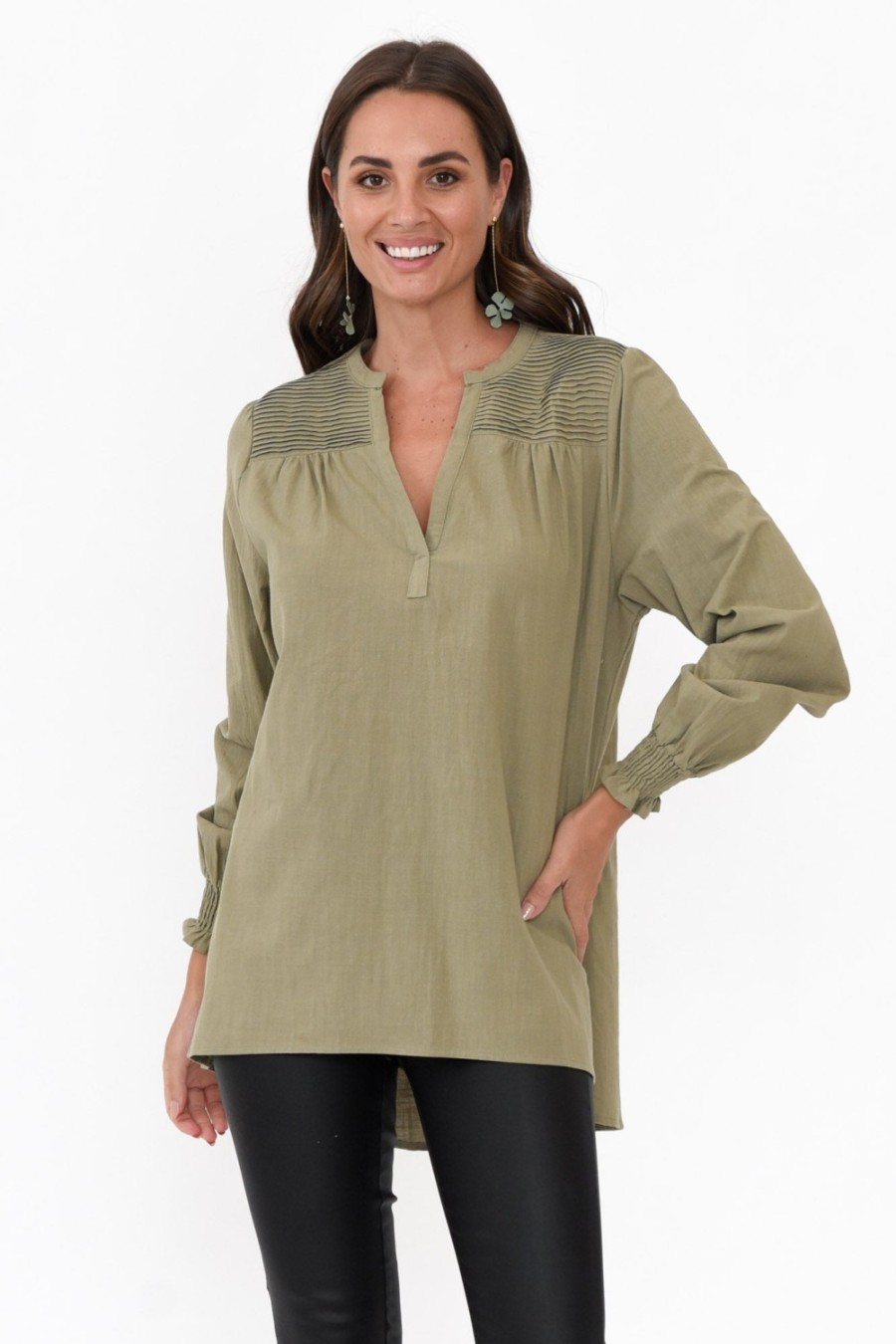 Clothing Cali and Co Sleeved Tops | April Khaki Cotton V Neck Top