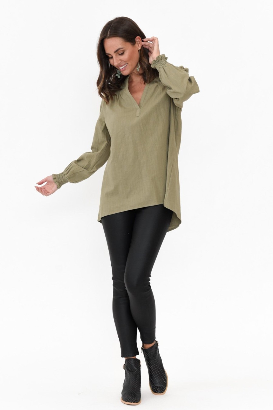 Clothing Cali and Co Sleeved Tops | April Khaki Cotton V Neck Top