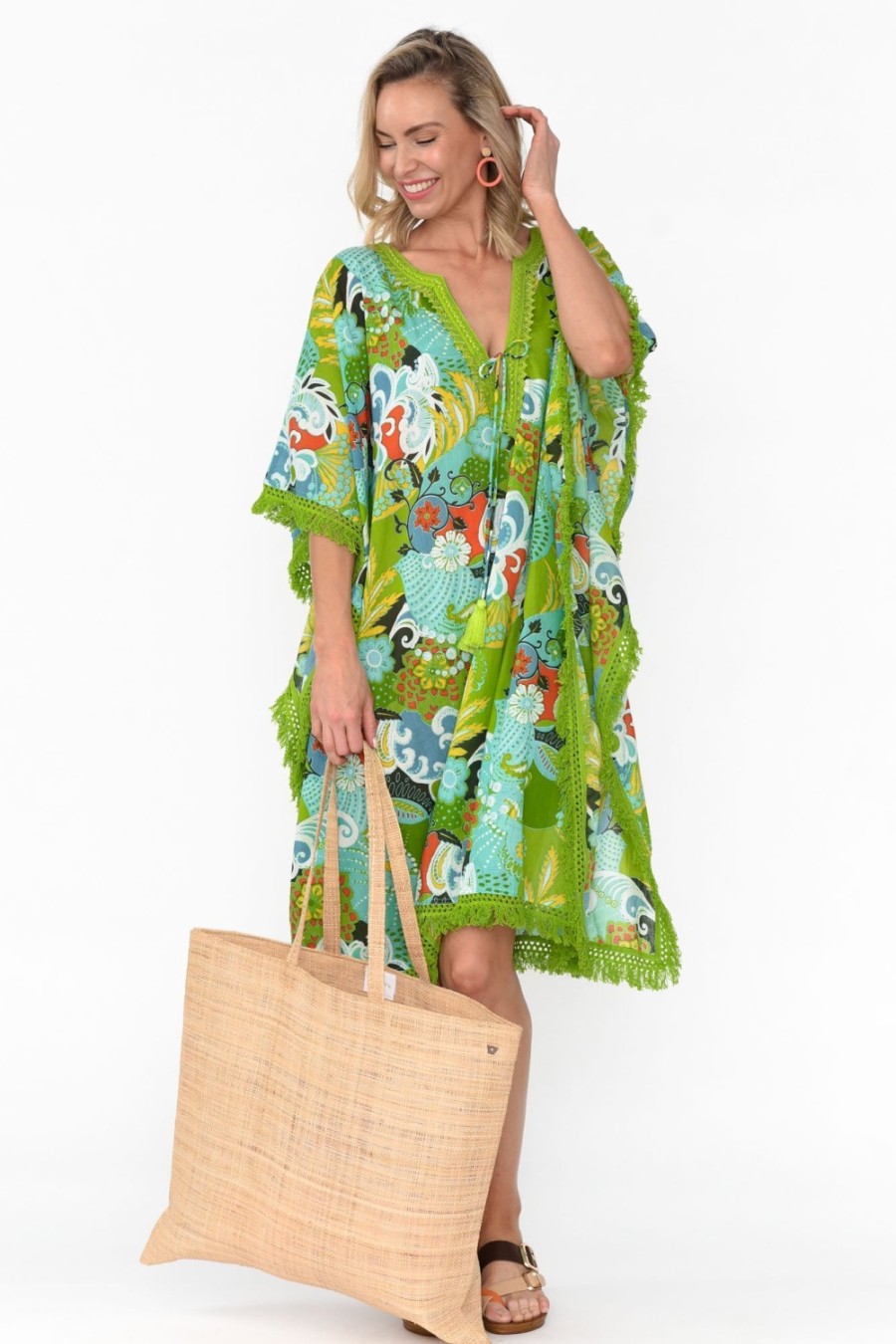 Clothing Mozaic Cotton Dresses | Bedarra Green Blossom Cotton Kaftan