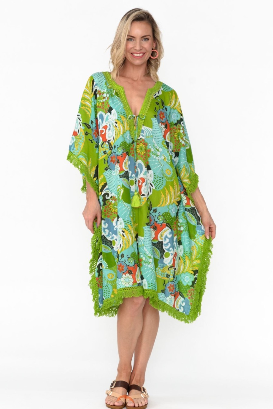 Clothing Mozaic Cotton Dresses | Bedarra Green Blossom Cotton Kaftan