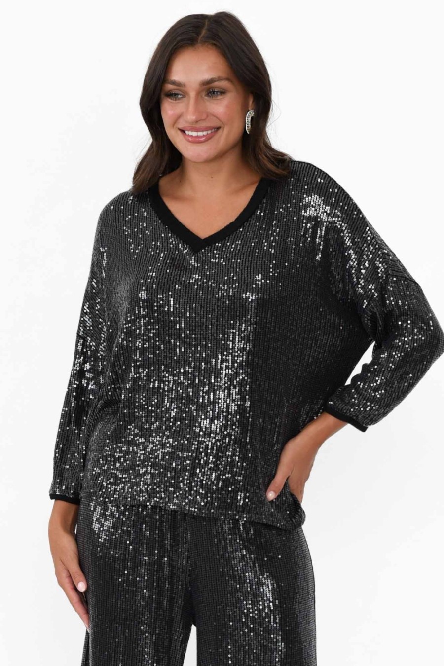 Clothing La Strada Sleeved Tops | Braxton Black Sequin V Neck Top