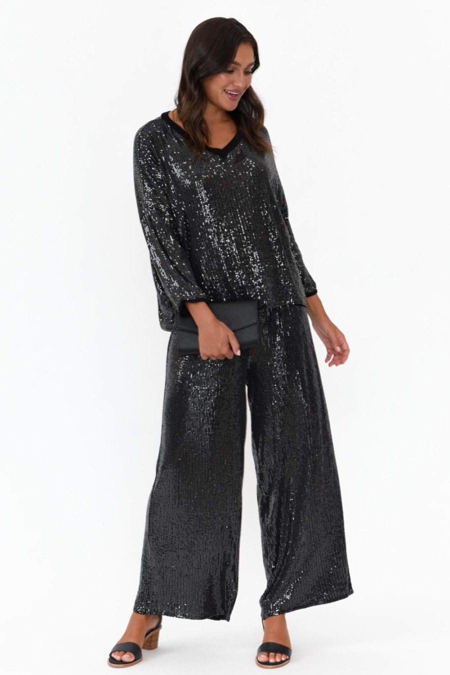 Clothing La Strada Sleeved Tops | Braxton Black Sequin V Neck Top