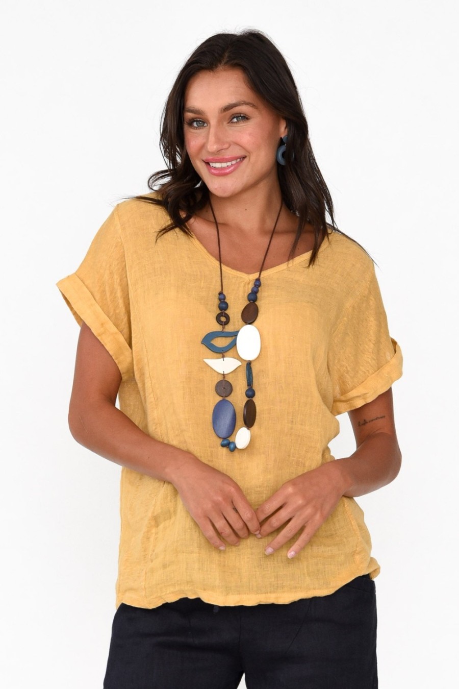 Clothing Talia Benson Linen Tops | Anna Mustard Linen Tee