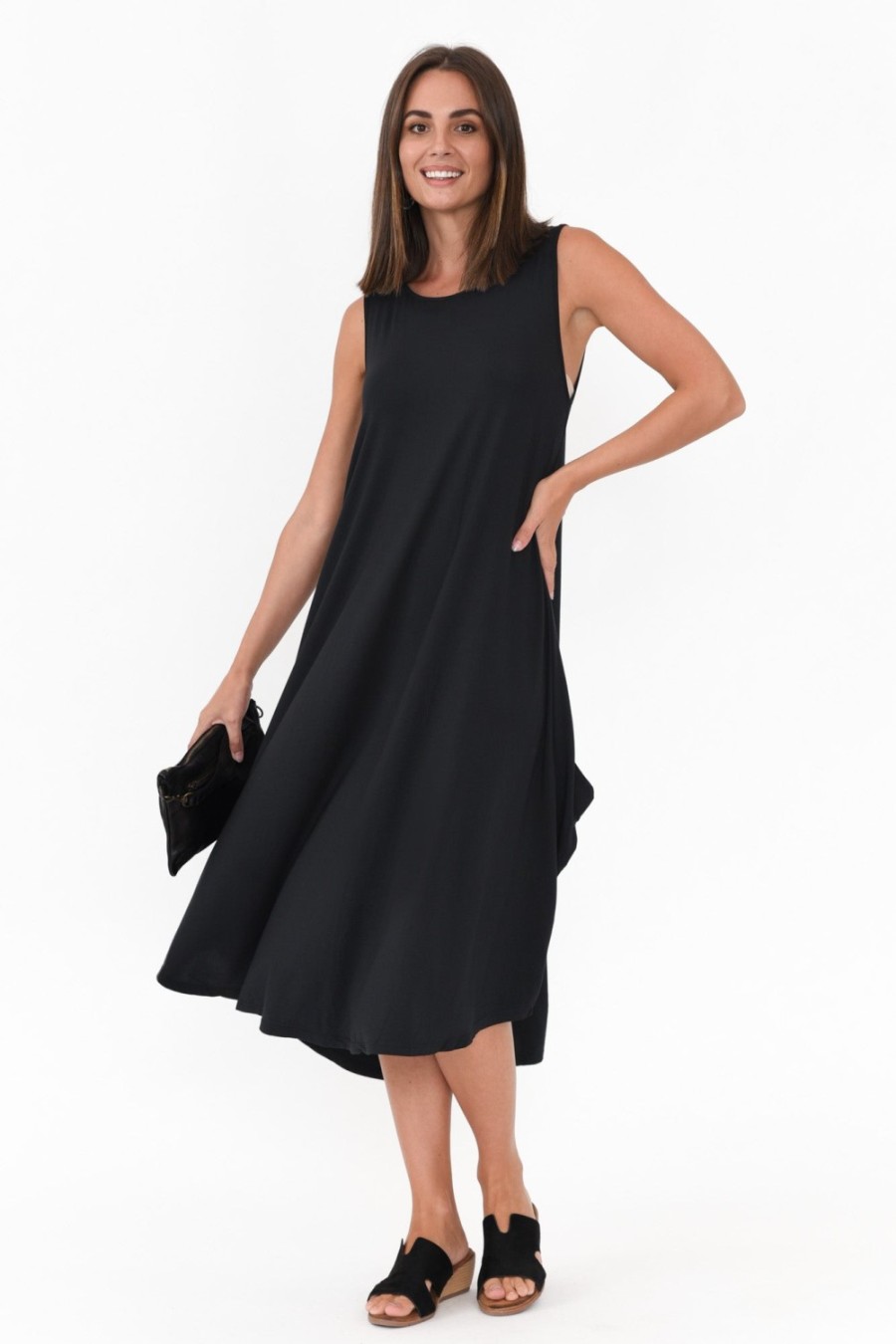 Clothing Tani Midi Dresses | Black Micro Modal Sleeveless Tri Drape Dress