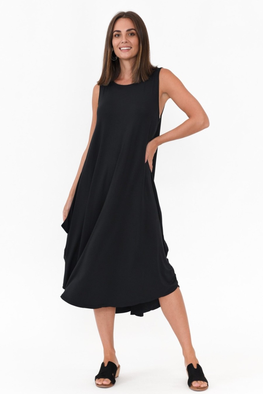 Clothing Tani Midi Dresses | Black Micro Modal Sleeveless Tri Drape Dress