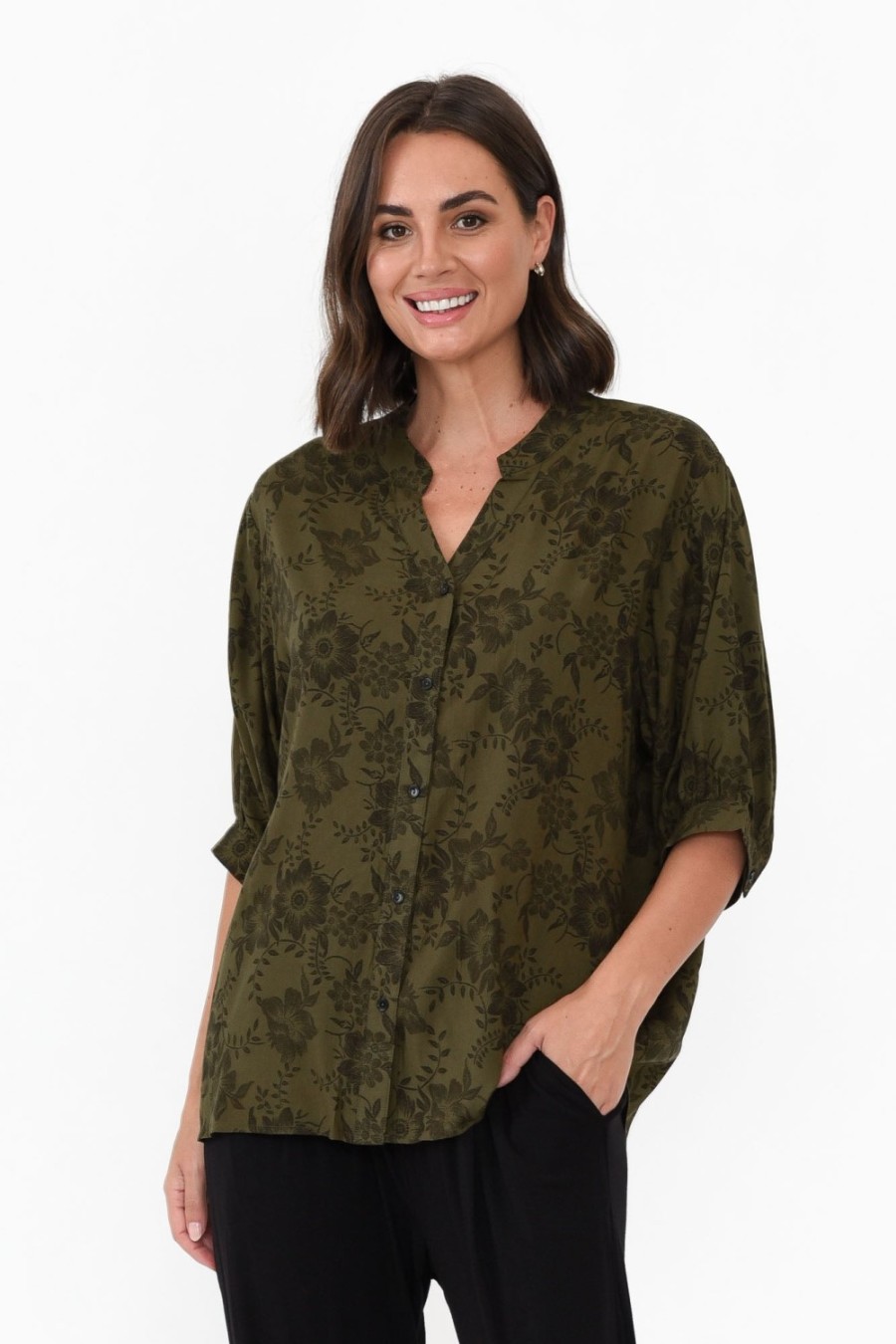 Clothing Willow Tree Sleeved Tops | Marsden Khaki Garden Button Top