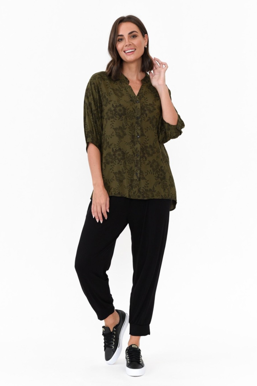 Clothing Willow Tree Sleeved Tops | Marsden Khaki Garden Button Top