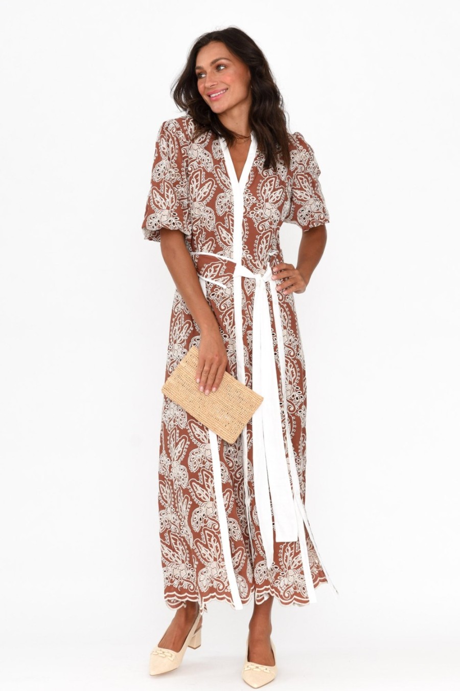 Clothing Once Was Maxi Dresses | Cambria Bronze Embroidered Puff Sleeve Dress