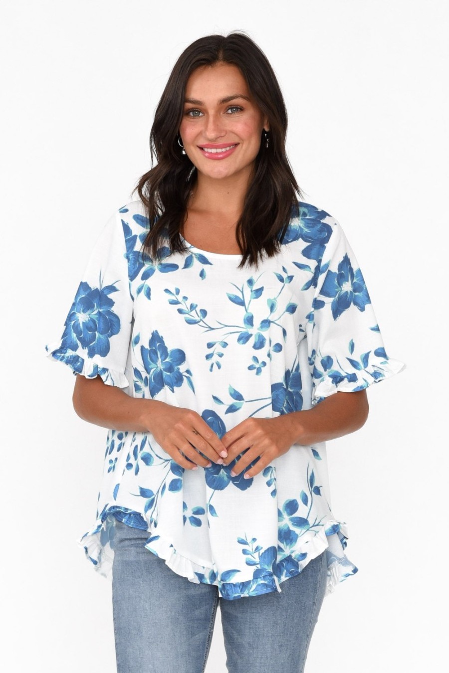 Clothing Willow Tree Sleeved Tops | Perrin Blue Floral Ruffle Top