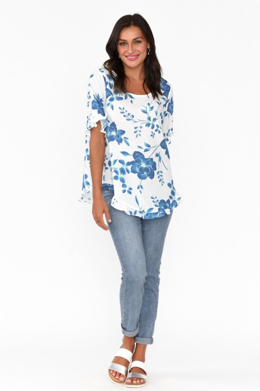 Clothing Willow Tree Sleeved Tops | Perrin Blue Floral Ruffle Top