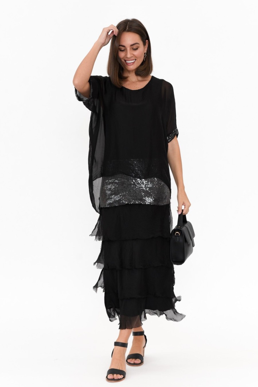 Clothing La Strada Maxi Dresses | Katerina Black Sequin Silk Overlay Maxi Dress