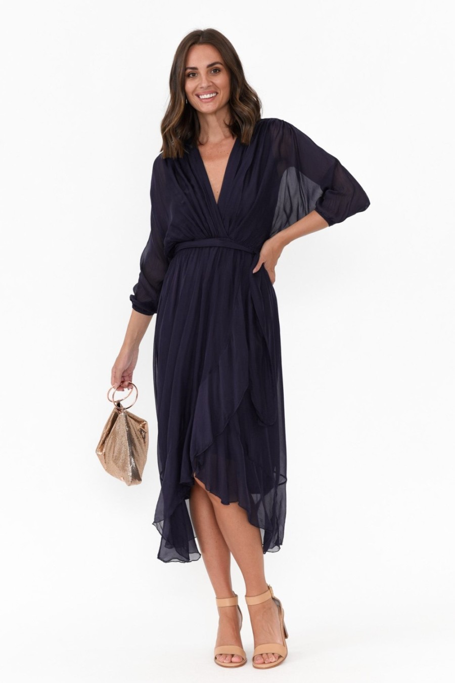 Clothing La Strada Below Knee Dresses | Prague Navy Silk Layer Dress