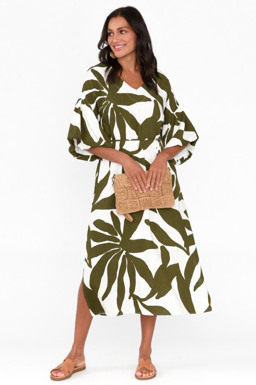 Clothing Label Of Love Midi Dresses | Lotte Green Leaf Puff Sleeve Dress