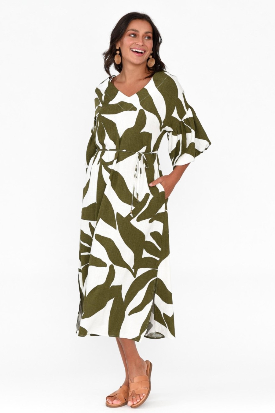 Clothing Label Of Love Midi Dresses | Lotte Green Leaf Puff Sleeve Dress