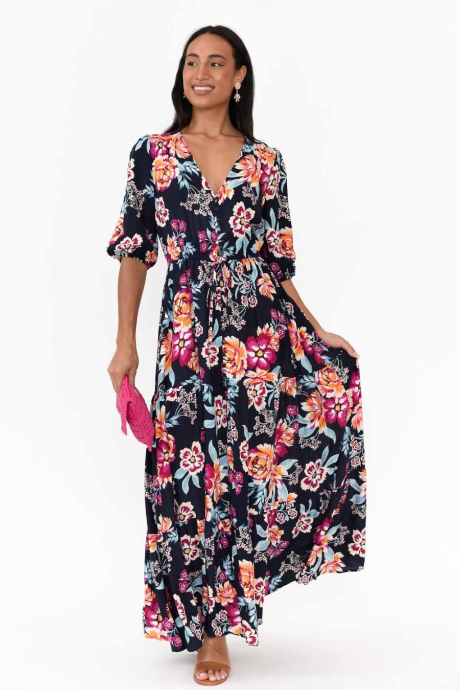 Clothing Isabella Boho Maxi Dresses | Rylie Navy Blossom Tie Dress