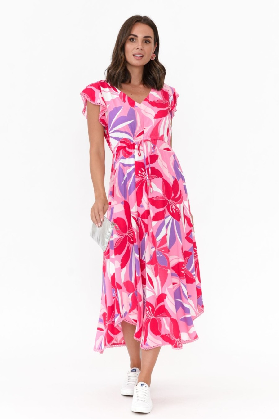 Clothing New U Collection Midi Dresses | Libby Pink Garden Midi Dress