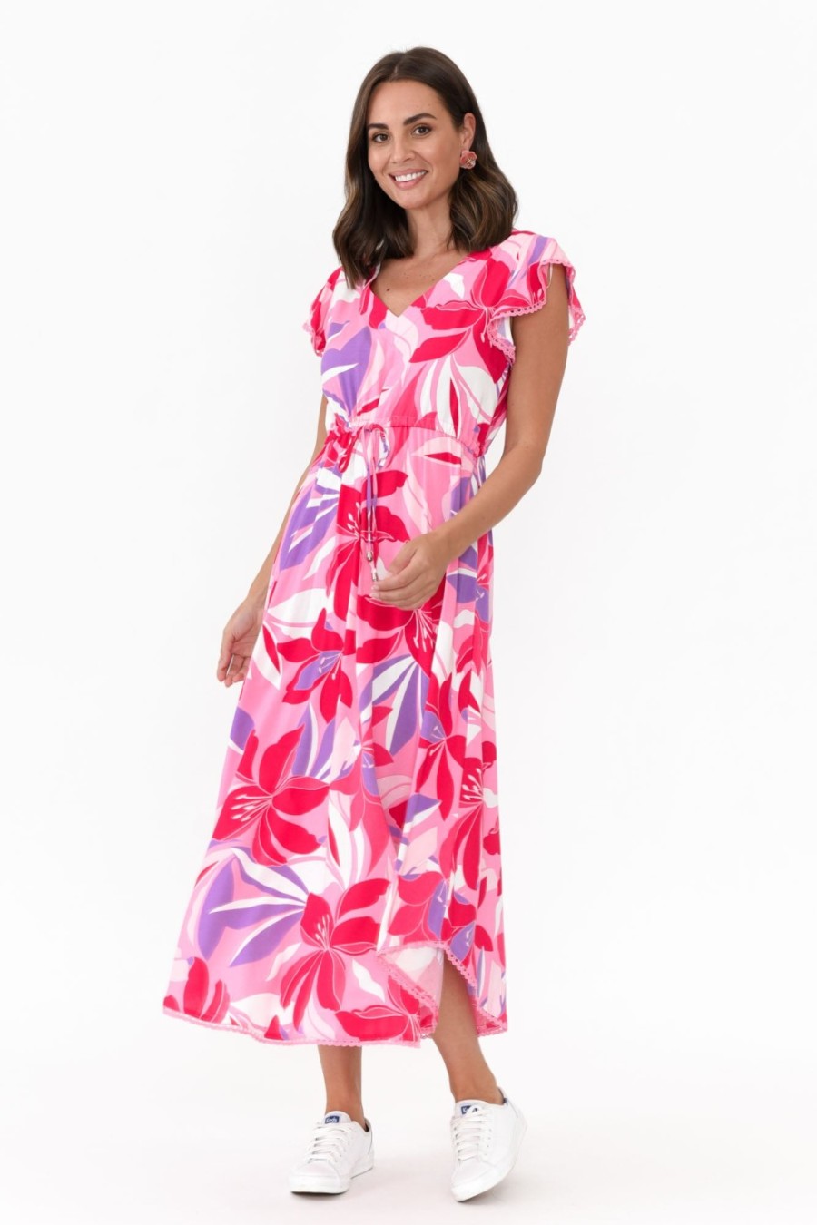 Clothing New U Collection Midi Dresses | Libby Pink Garden Midi Dress