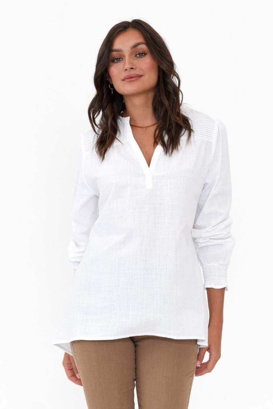 Clothing Cali and Co Sleeved Tops | April White Cotton V Neck Top