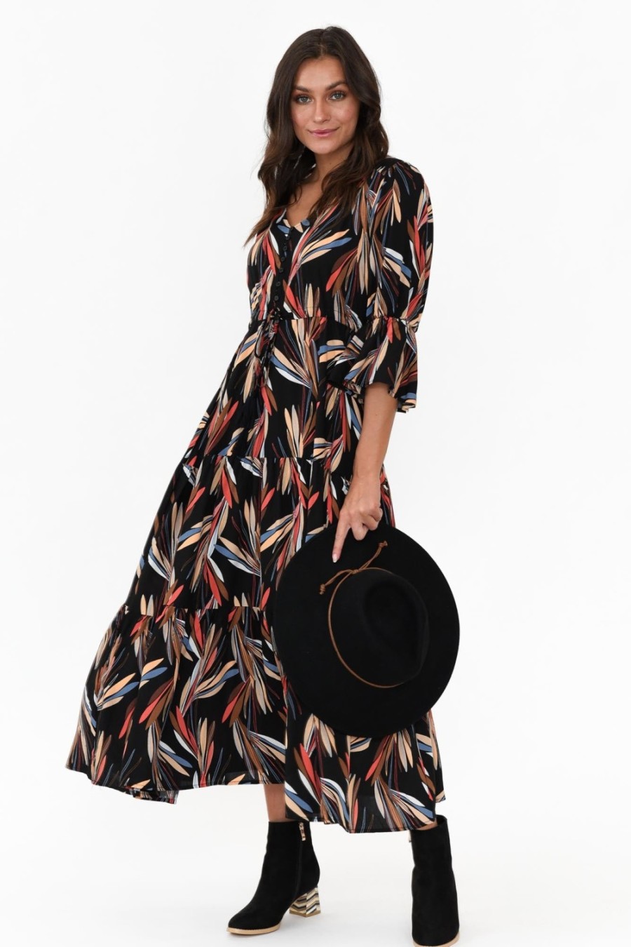 Clothing Willow Tree Maxi Dresses | Howard Black Leaf Tassel Tie Dress