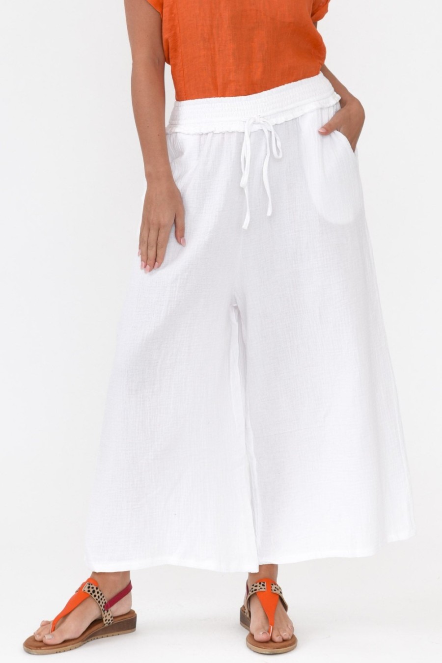 Clothing Cali and Co Pants | Gabby White Cotton Wide Leg Pant