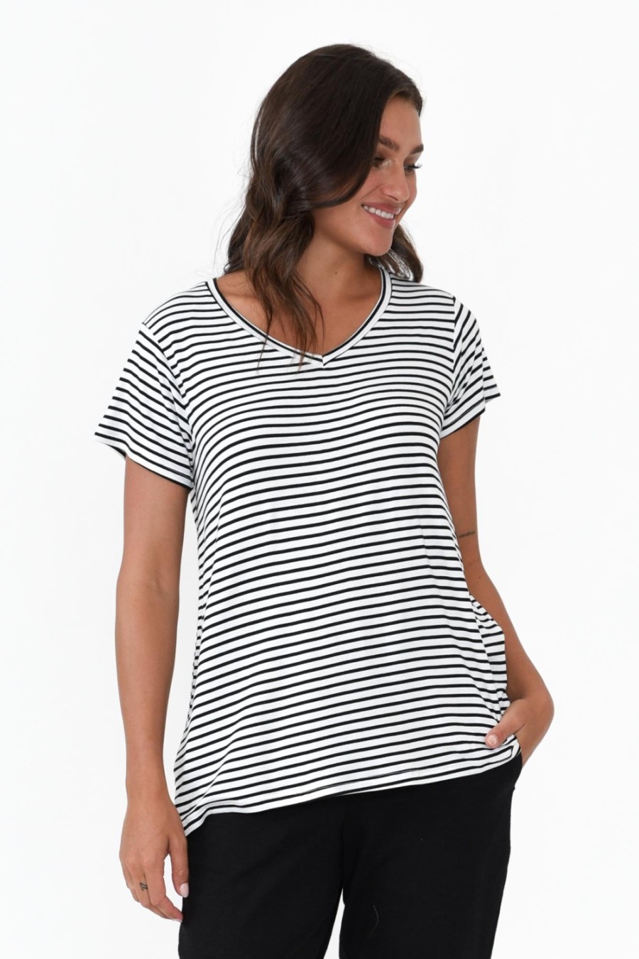 Clothing Betty Basics Sleeved Tops | Matilda Black Stripe V Neck Tee