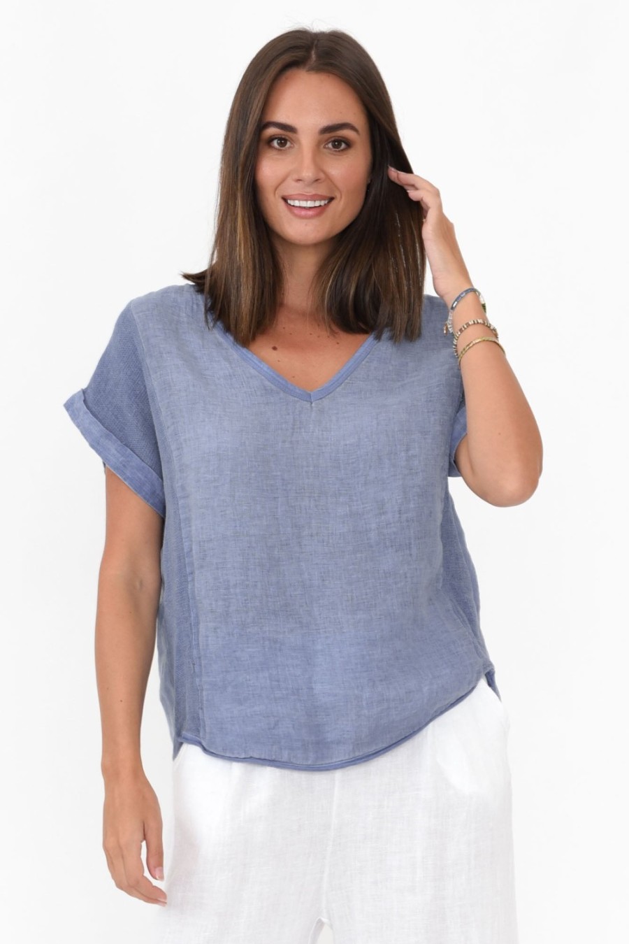 Clothing La Strada Cotton Tops | Dorian Steel Linen Cotton Top