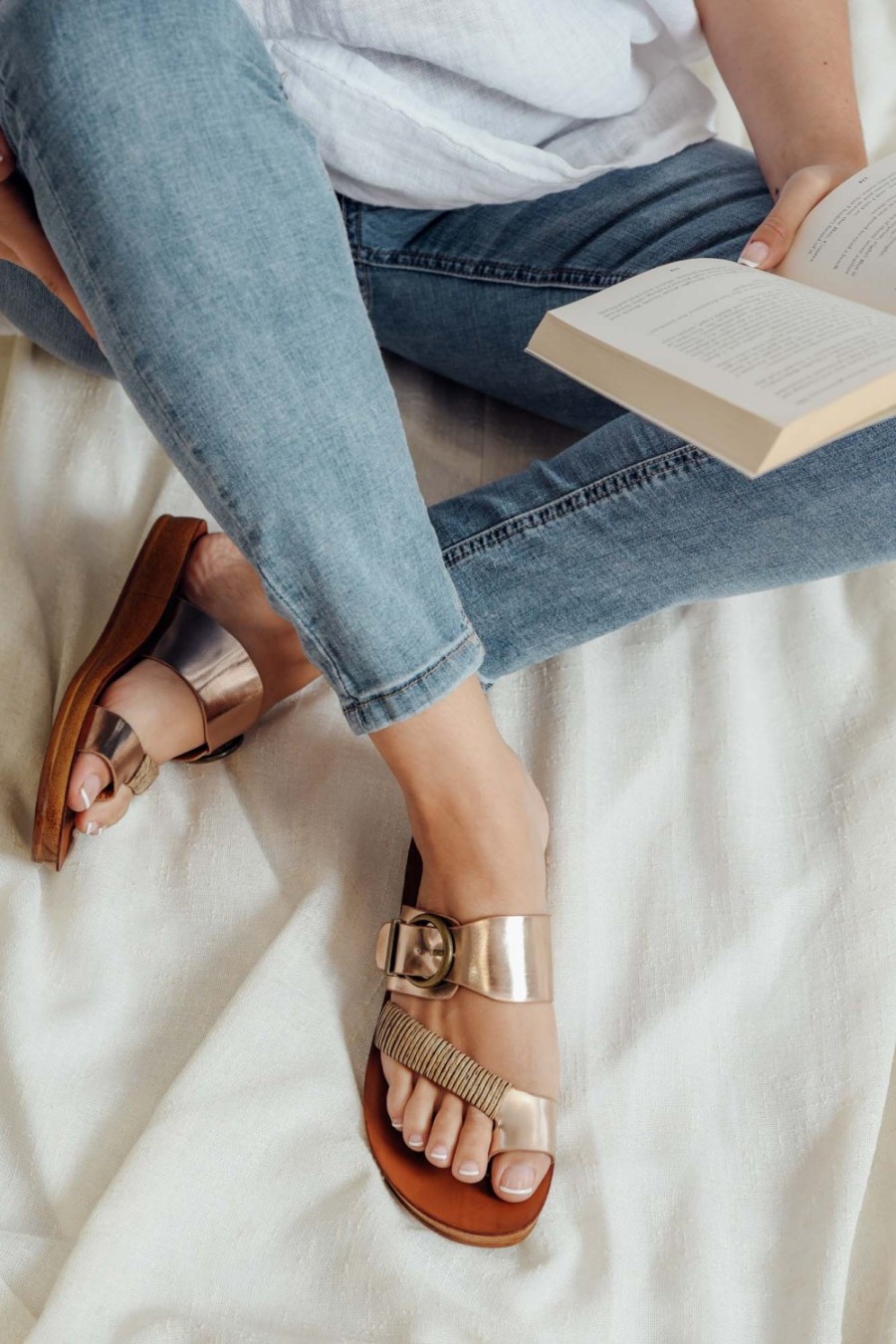 Shoes Los Cabos Flat Sandals | Bria Rose Gold Metallic Slide