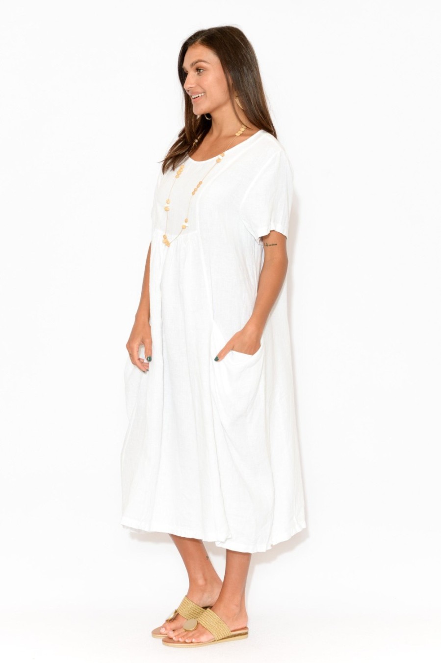 Clothing Montaigne Linen Dresses | Beckett White Linen Pocket Dress