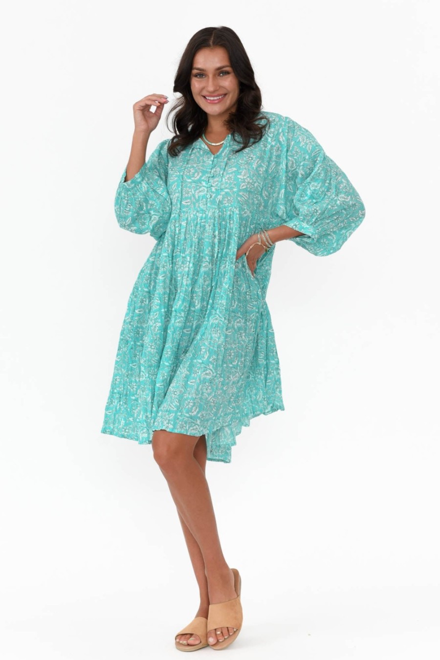 Clothing One Summer Cotton Dresses | Brenna Teal Flower Cotton Button Dress