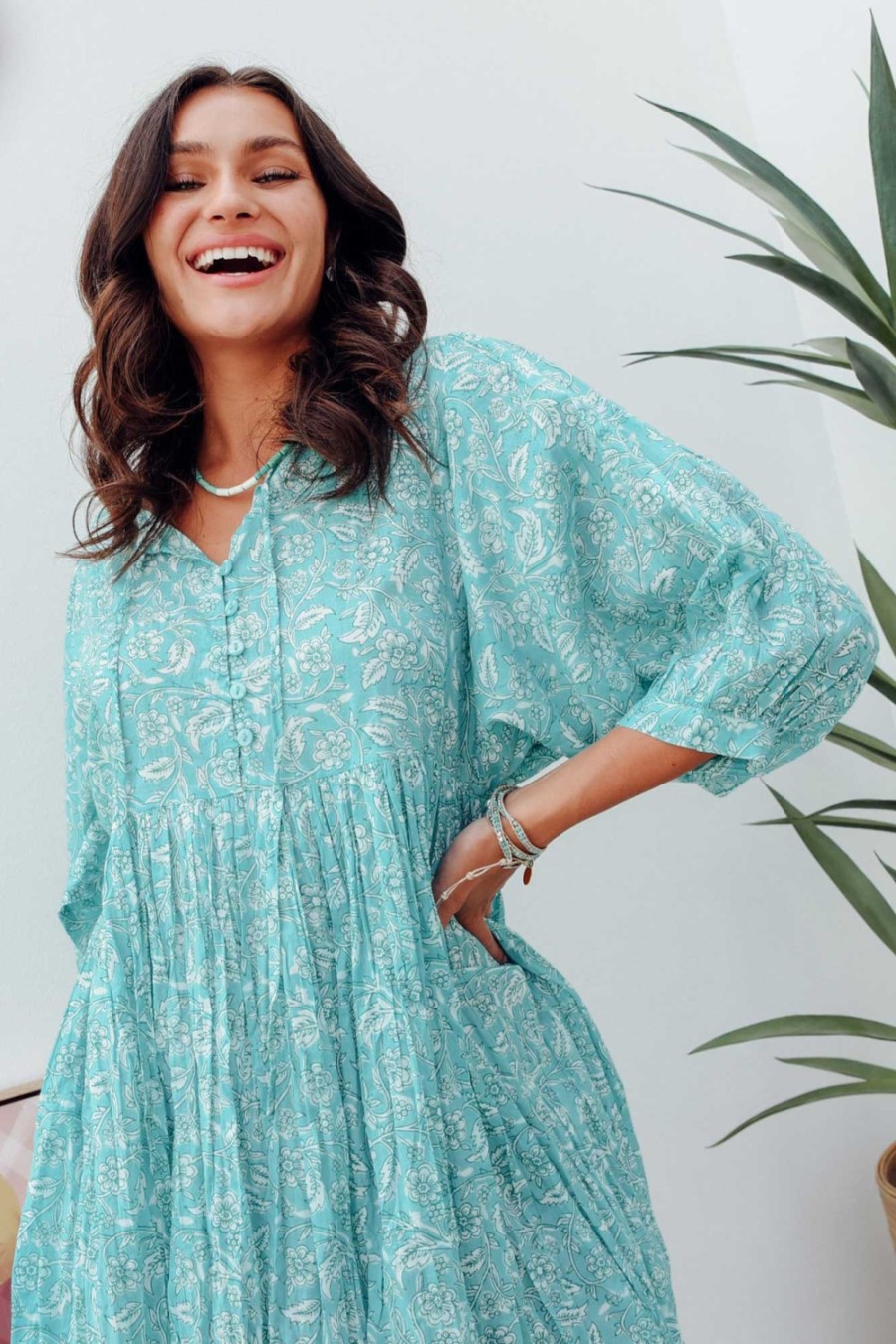 Clothing One Summer Cotton Dresses | Brenna Teal Flower Cotton Button Dress