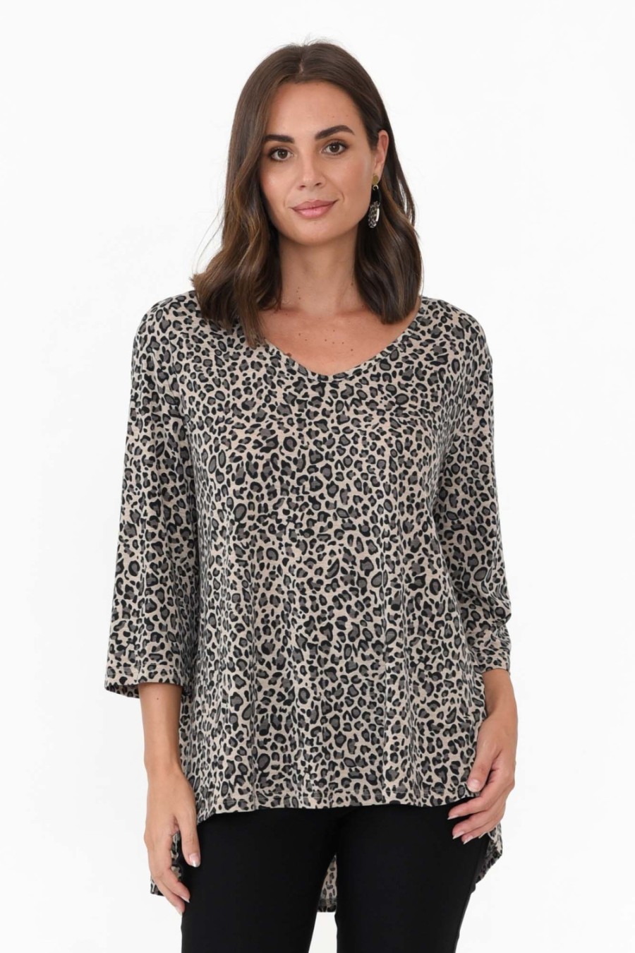 Clothing Cotton Village Sleeved Tops | Sarina Brown Leopard Hi Lo Top