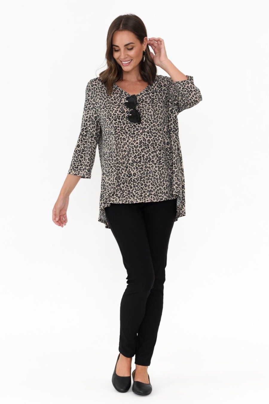 Clothing Cotton Village Sleeved Tops | Sarina Brown Leopard Hi Lo Top