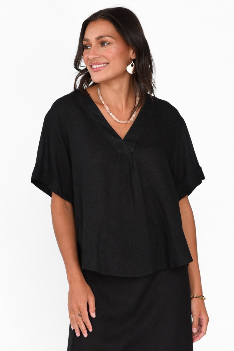 Clothing Label Of Love Sleeved Tops | Angelia Black V Neck Top