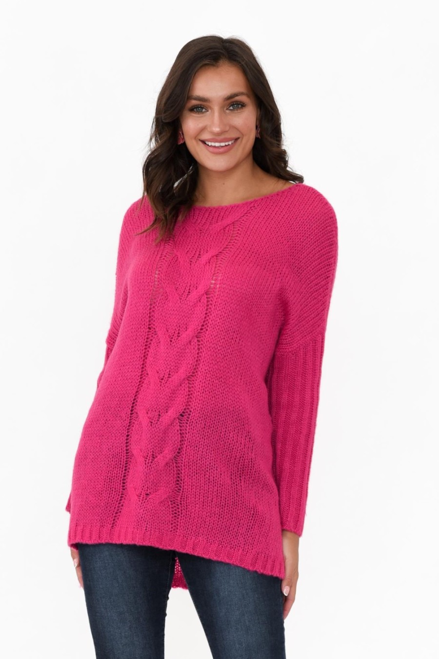 Clothing Cafe Latte Knitwear | Rinna Hot Pink Cable Knit Detail Jumper