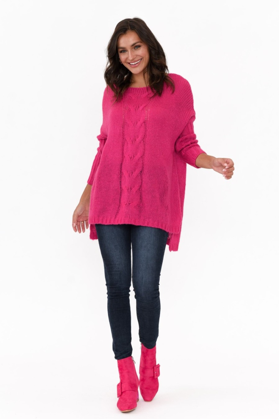 Clothing Cafe Latte Knitwear | Rinna Hot Pink Cable Knit Detail Jumper