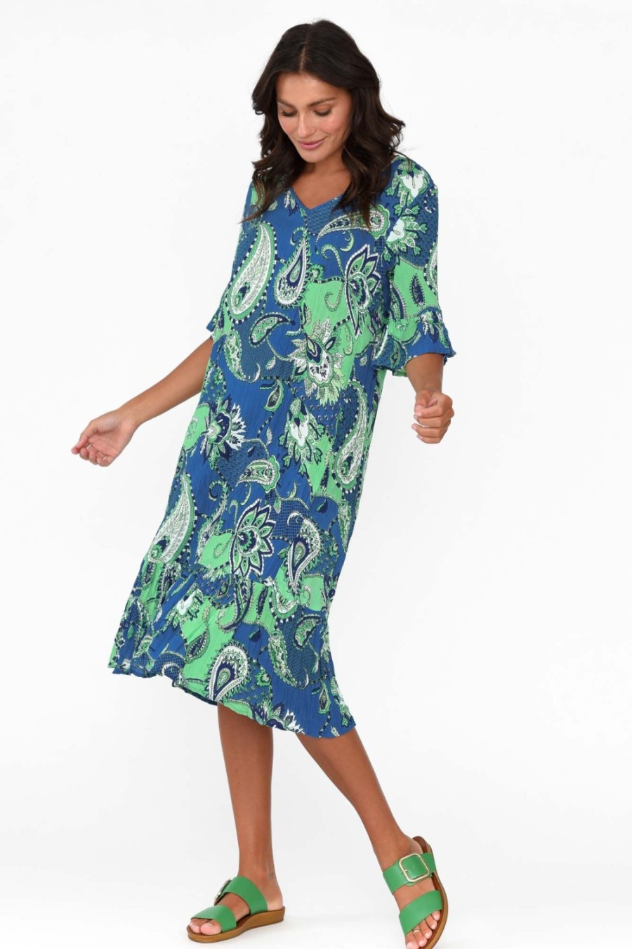 Clothing One Summer Below Knee Dresses | Calla Blue Paisley Crinkle Dress