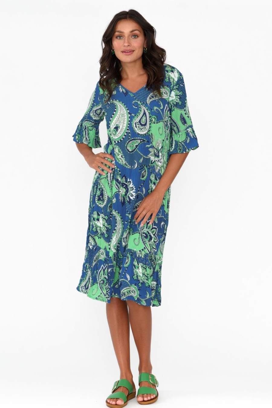 Clothing One Summer Below Knee Dresses | Calla Blue Paisley Crinkle Dress