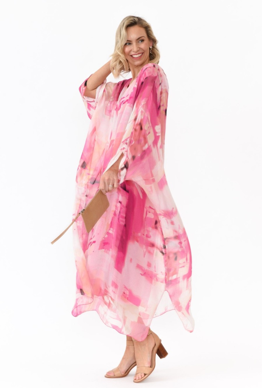 Clothing Donna Donna Maxi Dresses | Zephyr Pink Watercolour Silk Layer Dress