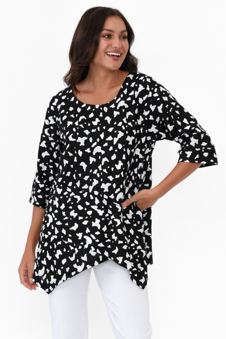 Clothing Hourglass Linen Tops | Anya Black Spot Linen Cotton Top