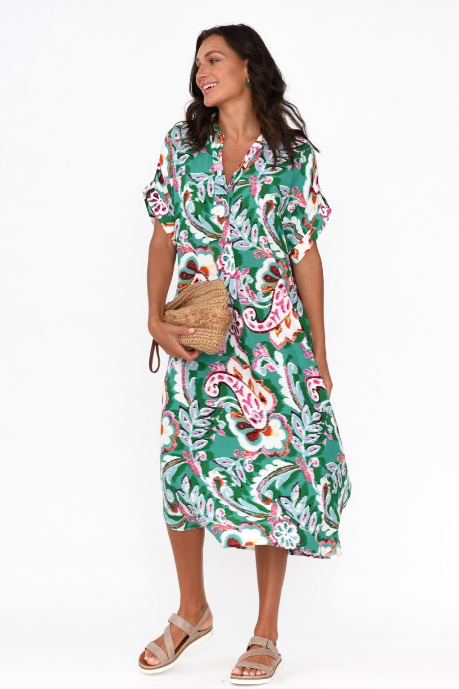 Clothing Willow Tree Midi Dresses | Aletta Green Garden Collared Dress