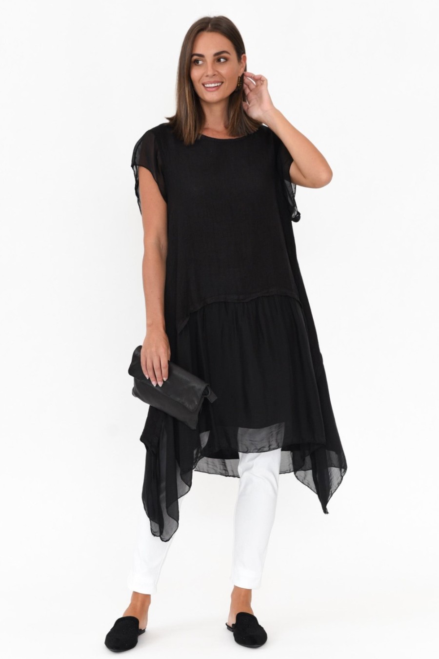 Clothing Italian Closet Linen Tops | Seamus Black Linen Blend Tunic Dress