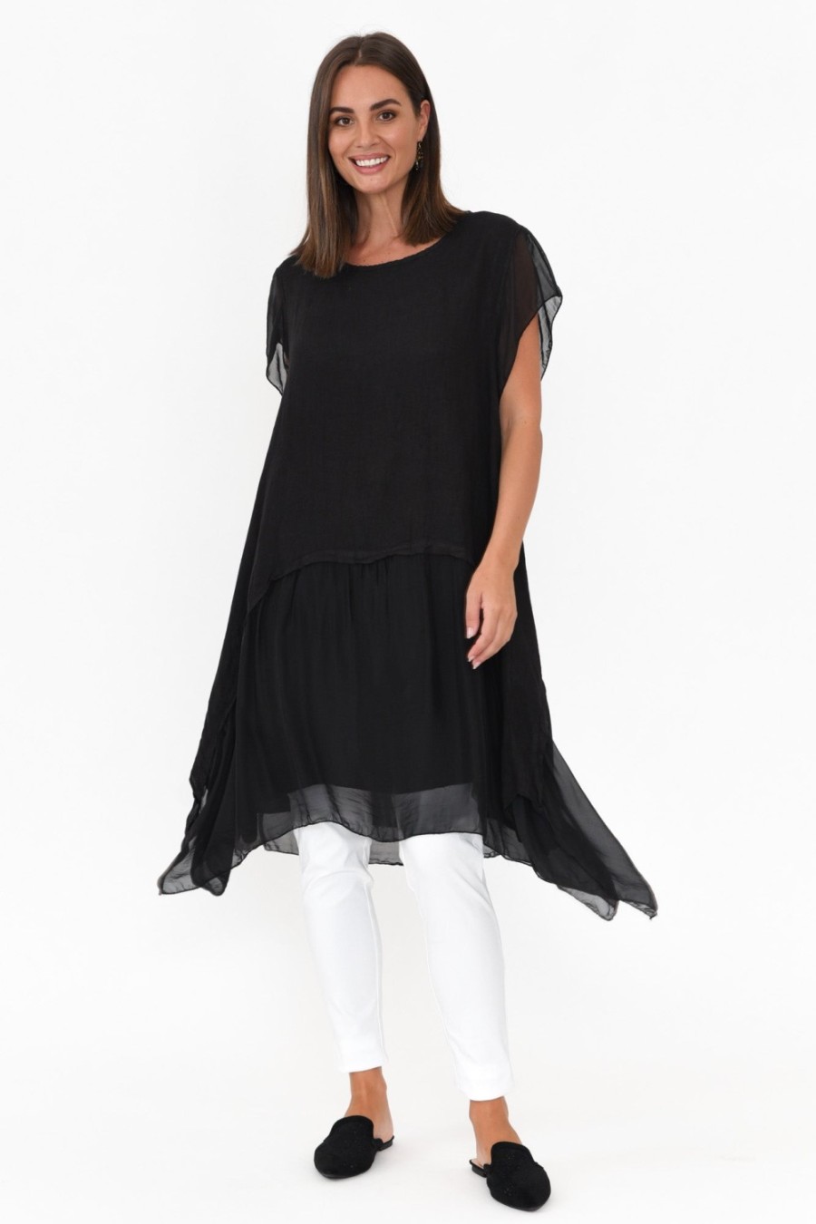 Clothing Italian Closet Linen Tops | Seamus Black Linen Blend Tunic Dress