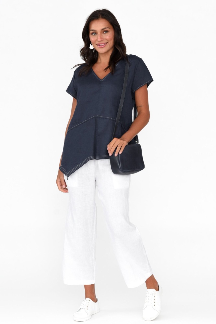 Clothing Cali and Co Sleeved Tops | Lindy Navy Linen V Neck Top