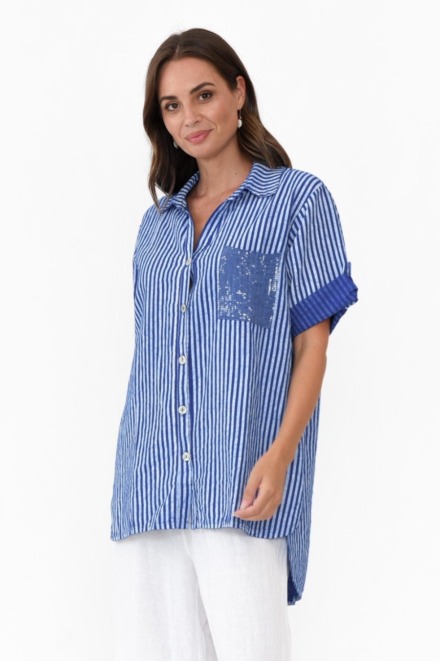 Clothing La Strada Linen Tops | Lance Blue Stripe Sequin Pocket Shirt