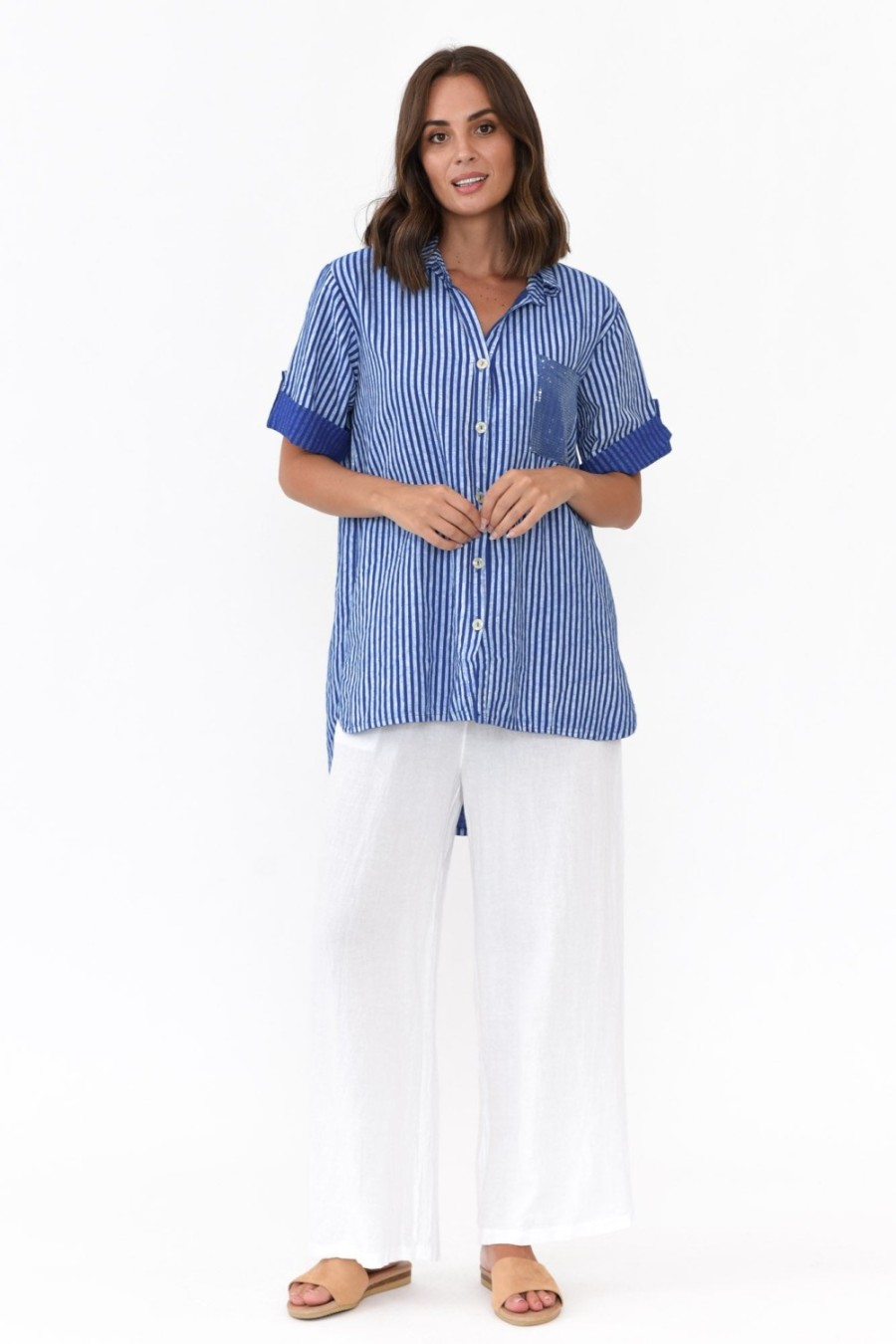 Clothing La Strada Linen Tops | Lance Blue Stripe Sequin Pocket Shirt