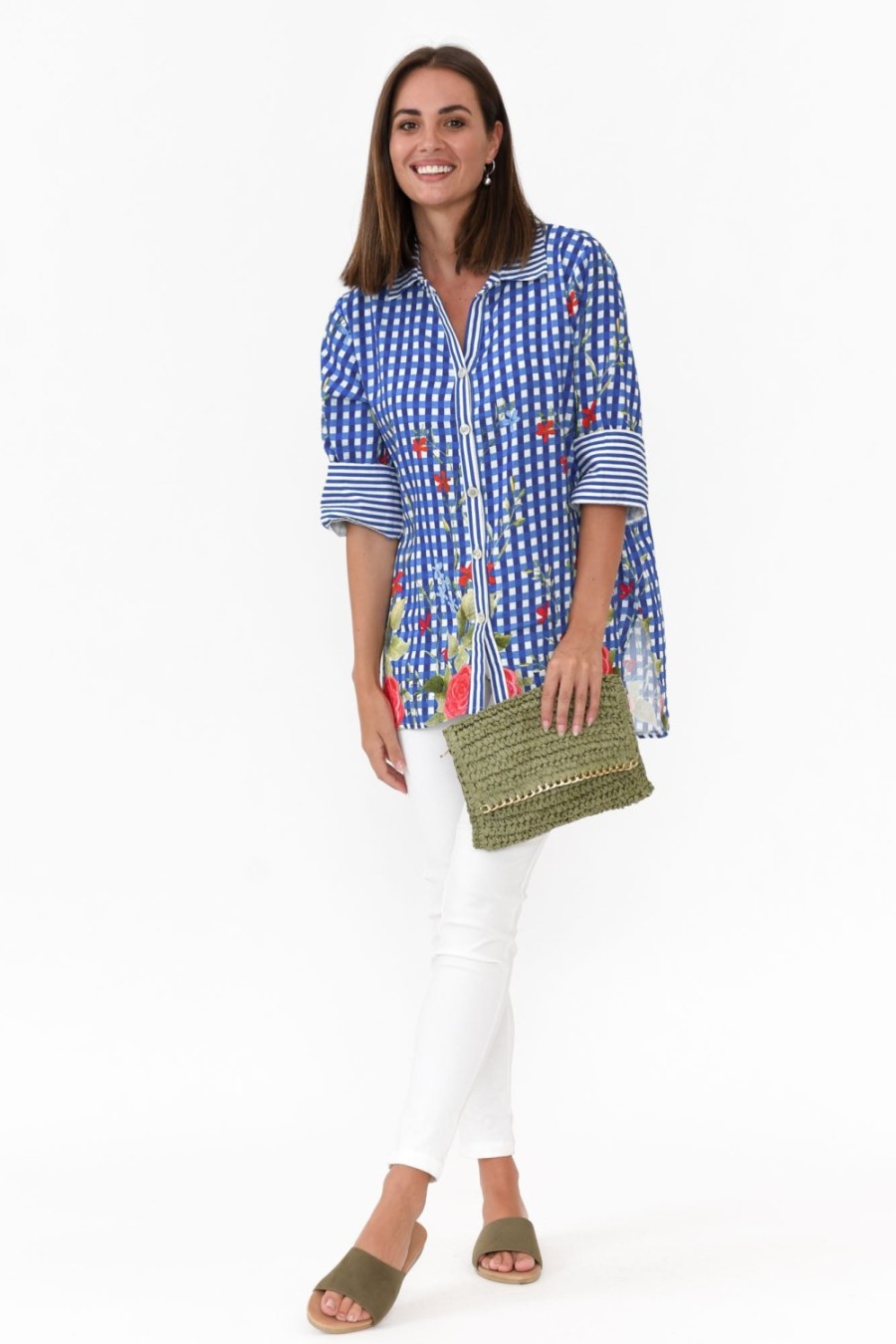 Clothing La Strada Linen Tops | Gwendoline Blue Gingham Garden Linen Shirt