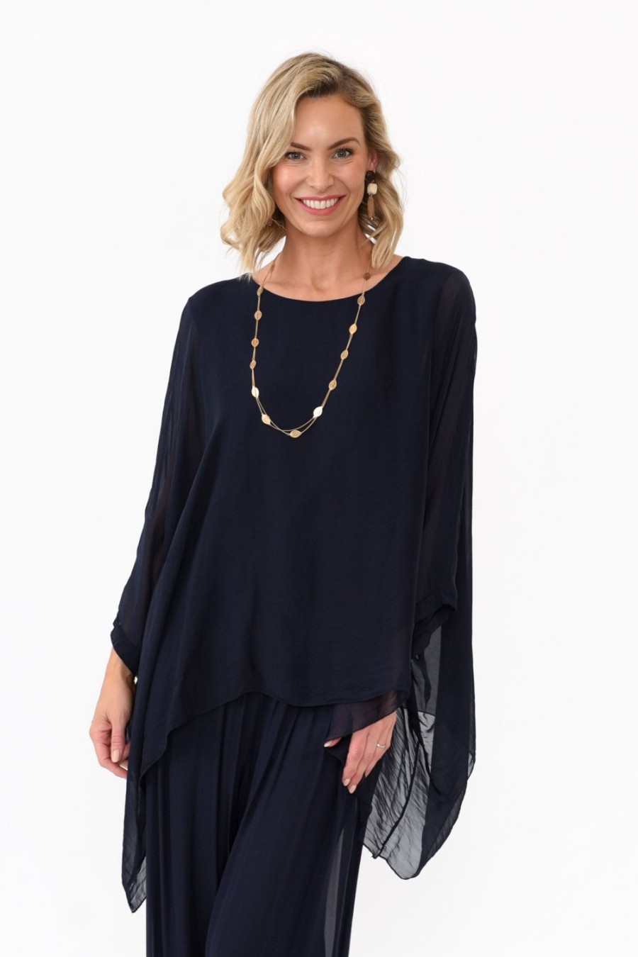 Clothing La Strada Sleeved Tops | Trevino Navy Silk Overlay Top