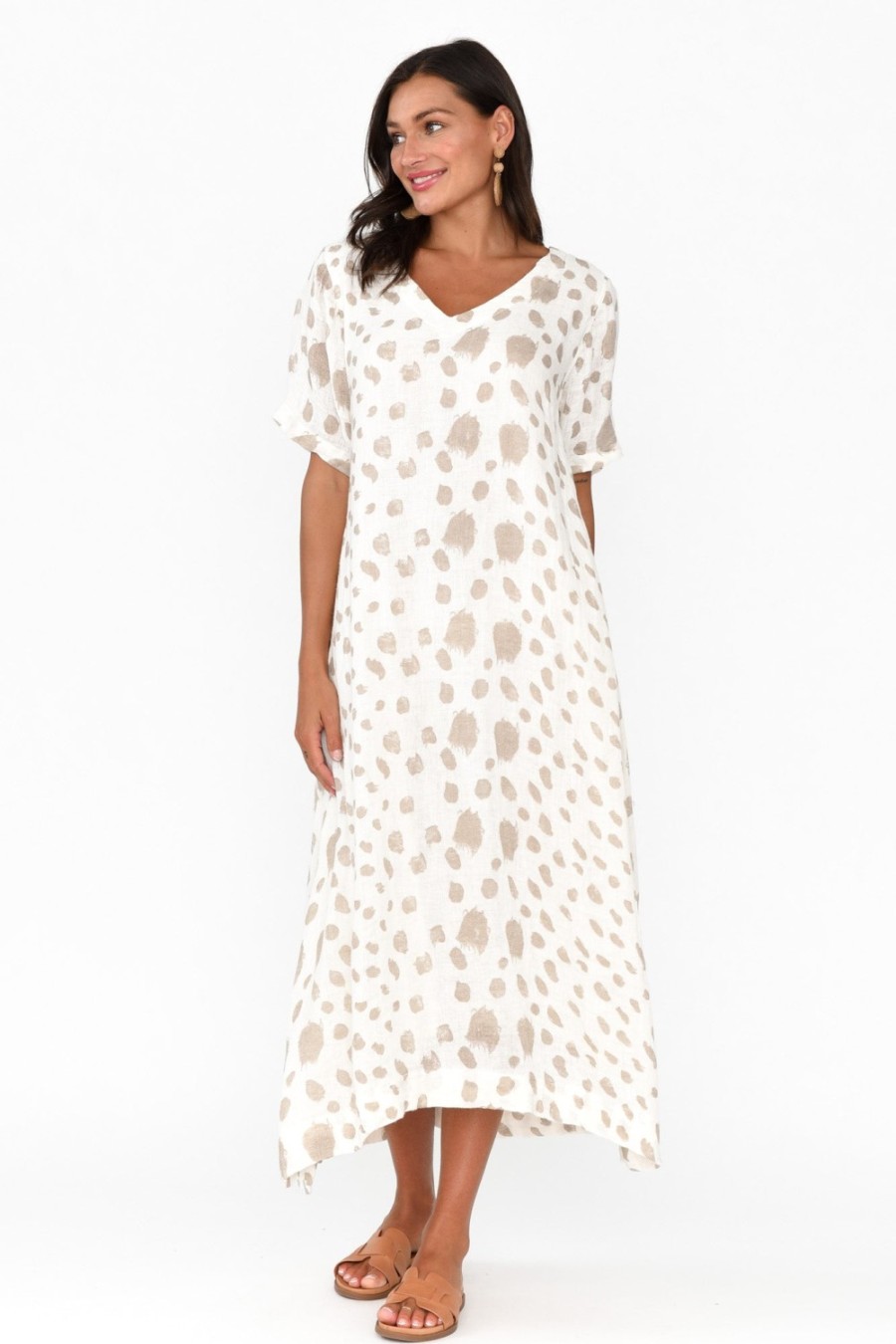 Clothing Imagine Linen Dresses | Santana Beige Spot Linen Dress