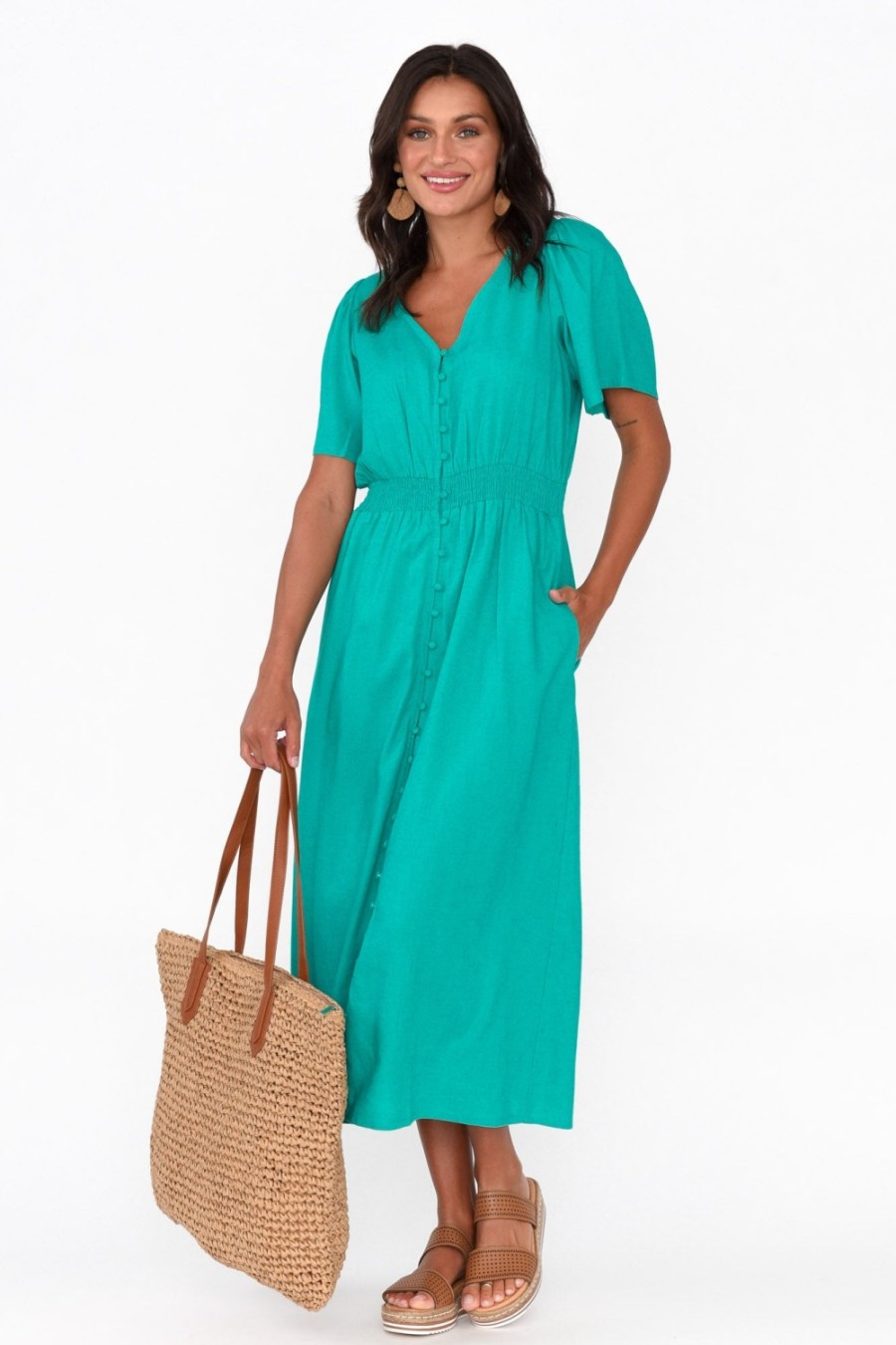 Clothing Betty Basics Linen Dresses | Whitney Teal Linen Blend Dress