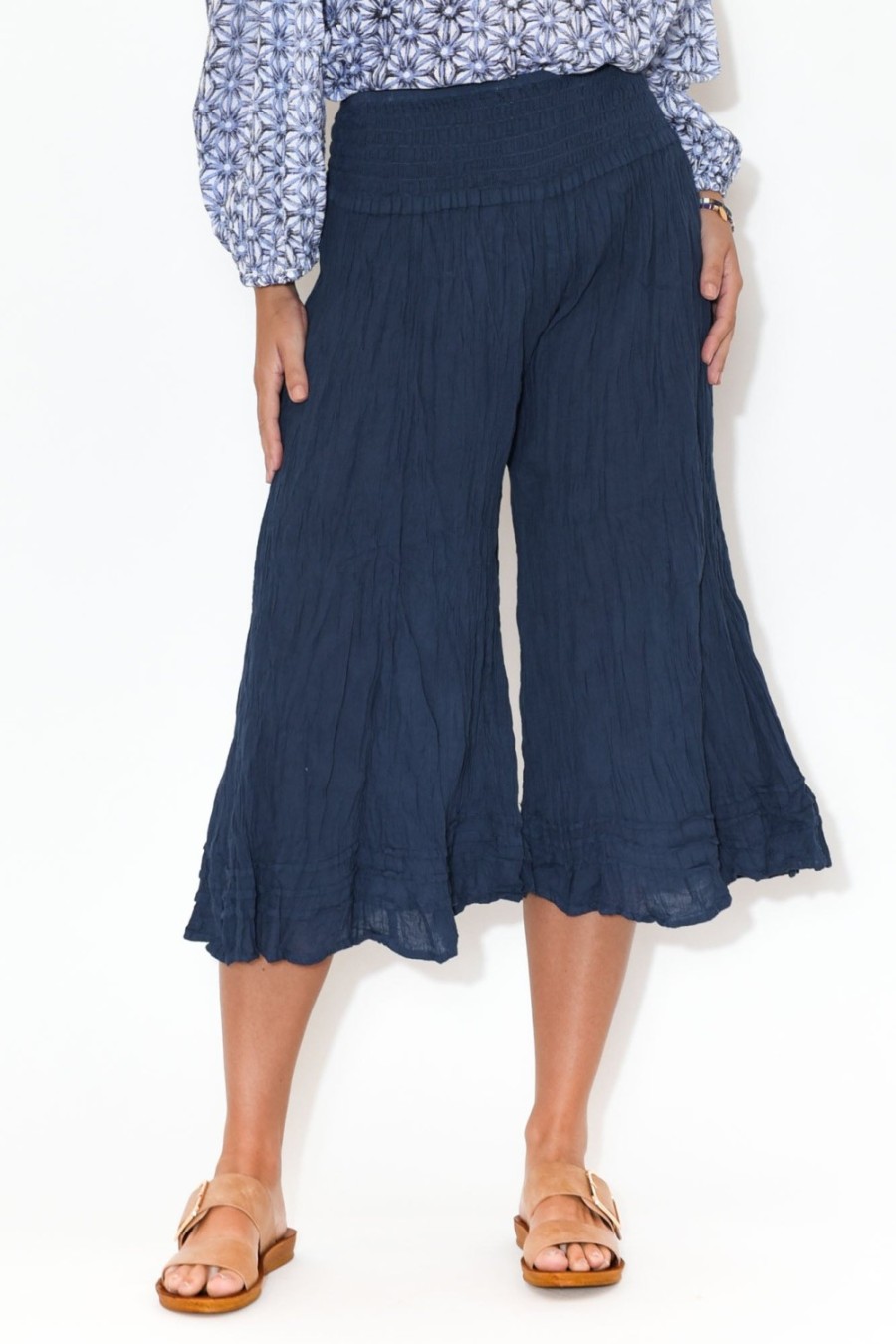 Clothing Namastai Pants | Janet Navy Cropped Crinkle Cotton Pant